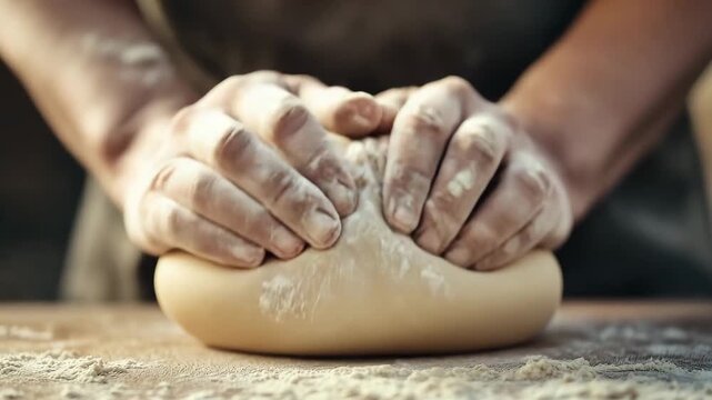 A person kneads dough in a kitchen, mixing flour and water to prepare for baking bread at home, close up