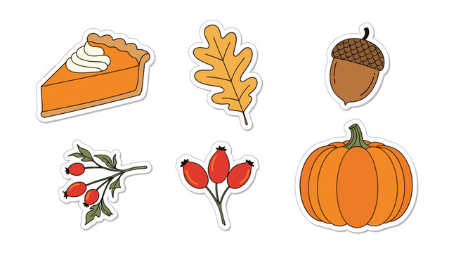 Autumn-themed sticker set featuring a pumpkin pie slice, oak leaf, acorn, rosehip berries, and a large orange pumpkin.