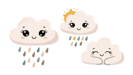 Trio of cute smiling clouds with different weather conditions like rain and sun in a soft pastel color palette.