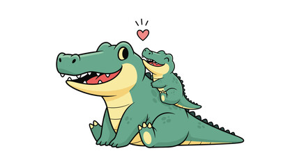 Obraz premium Heartwarming illustration of a large mother crocodile with a cute baby crocodile sitting on her back with a small heart.