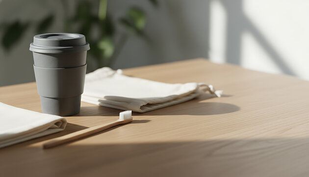 Eco friendly sustainable lifestyle products arranged on minimalist wooden table