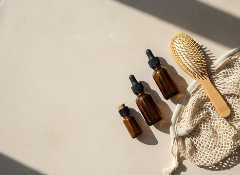 Natural Skincare Bottles with Wooden Hairbrush and Mesh Bag