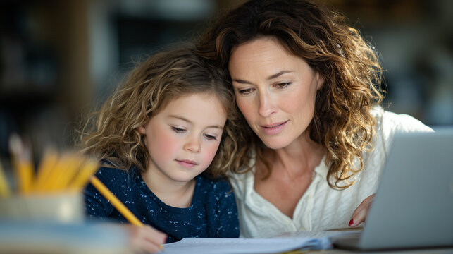 A thoughtful mother helping her daughter solve a science worksheet at a bright home desk, laptop open nearby for research, pencils, rulers and notebooks neatly arranged, sunlight c
