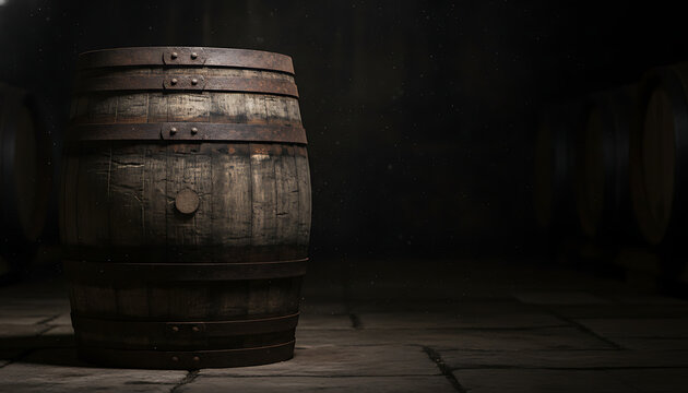 Old oak barrel for aging wine in a dark cellar