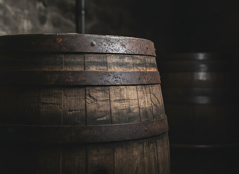 Vintage oak barrel aging spirits in a traditional dark distillery