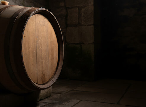Traditional oak wine barrel aging in a dark stone cellar