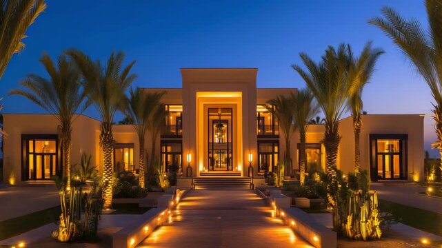 A luxury home is shown at dusk with lights illuminating the pathway and palm trees lining the entrance