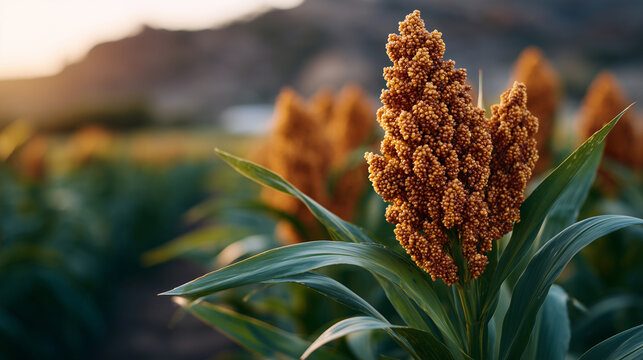 Close-up of ripening sorghum heads bending gently in a warm countryside breeze, clusters of maturing seeds glowing in golden sunlight, delicate strands of spider silk stretched bet