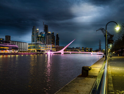 Argentina, Buenos Aires, Puerto Madero, Dock Sud with Puente de la Mujer at night