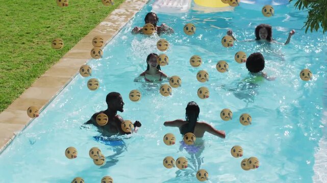 Six adults swimming in pool, emoji overlay appearing and multiplying across water for marketing