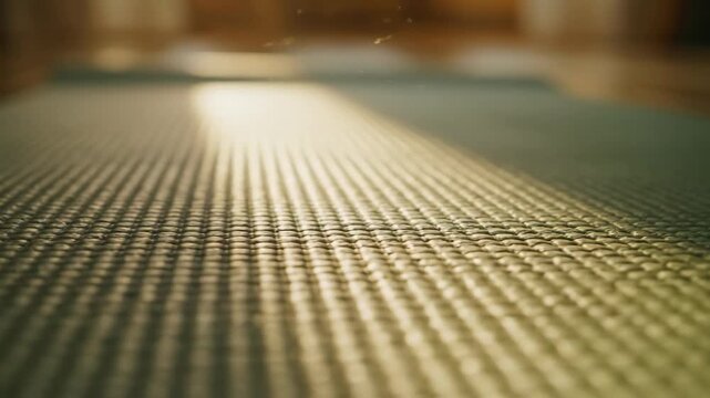 Close-up view of textured yoga mat with sunlight casting shadows, showcasing the intricate patterns and warm ambiance of a serene indoor space