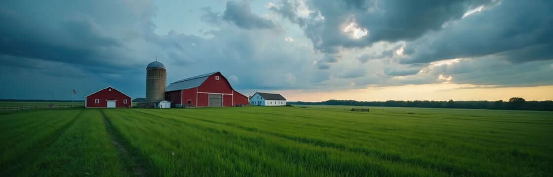 Red barn and silo stand on green grass field. White farmhouse nearby under cloudy sky. Rural american landscape panorama, tranquil countryside scene, peaceful farm life.