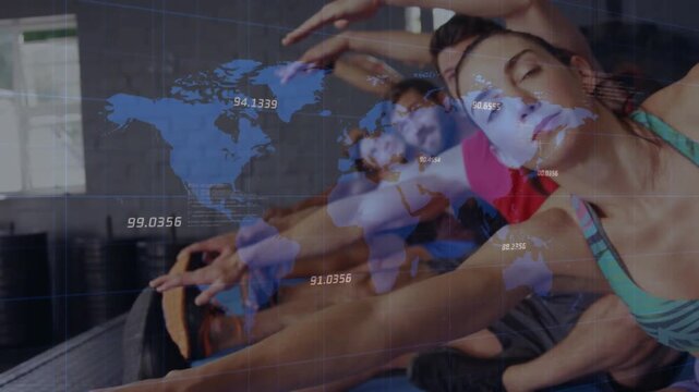 Fitness group on cue reaching mats rotating into side-bend, map overlay shows markers for warmup