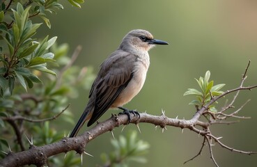 Obraz premium Grey bird with dark beak sits on thorny tree branch. Green leaves surround subject. Soft blurred background shows natural habitat. Birding photo shows avian wildlife detail. Closeup view.