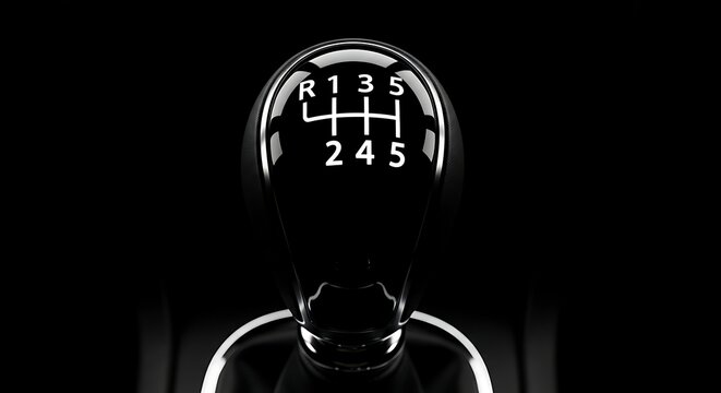 Close-up of a glossy black gear stick shift knob in a car, manual transmission