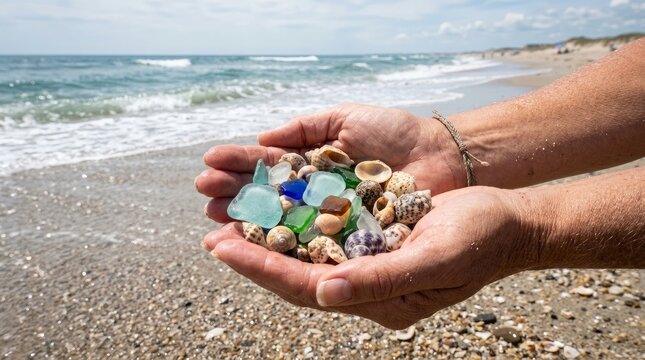Person holding colorful sea glass and seashells on a sandy beach by the ocean shore