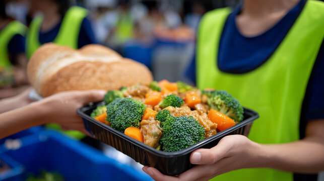 A volunteer passing a Thanksgiving meal box full of fresh vegetables, canned foods and bread to another pair of waiting hands, soft daylight shining across the food items, communit