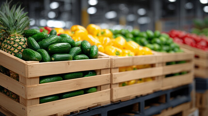 Wide-angle shot of wooden crates packed with assorted fruits and vegetables ready for international shipment, vivid produce including pineapples, cucumbers, bell peppers and apples