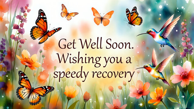 Get well soon greeting, expressing wish for a speedy recovery.  Butterfly and hummingbird background.