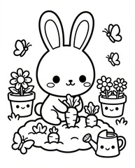 Cute rabbit carrot garden flower butterfly spring coloring page kawaii cartoon outline watering can potted plant nature animal bunny kid child