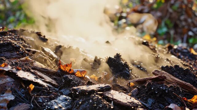 Close-up view of steaming compost pile with fallen leaves, showcasing the natural decomposition process in a vibrant outdoor garden setting during daylight