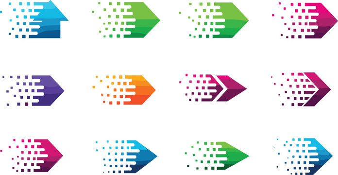 Digital arrow technology icons collection with pixel speed motion gradient arrows modern data transfer direction vector set
