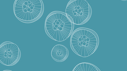teal background with white line drawings of jellyfish in various sizes and positions © XzBot