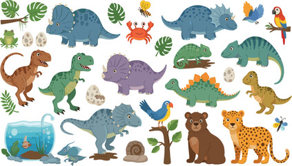 Cute cartoon dinosaurs and jungle animals collection with T rex triceratops stegosaurus bear leopard tropical vector set © Momota