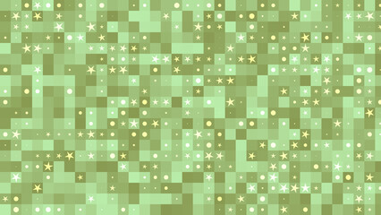vibrant green pixelated background with gold and white stars and dots, perfect for festive designs