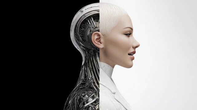 A woman robot hybrid figure demonstrates advanced technologies that blend human traits with mechanical features
