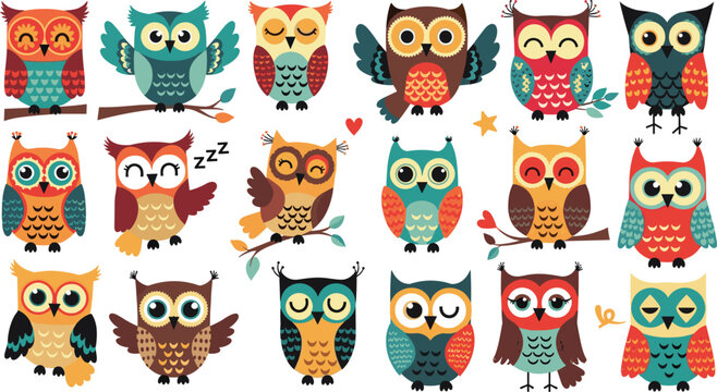 Cute colorful owl cartoon characters collection with funny expressions sitting flying and sleeping adorable bird mascot vector set
