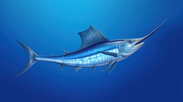 Blue Marlin Gliding in Deep Ocean Waters Beneath Sunlit Blue Light
