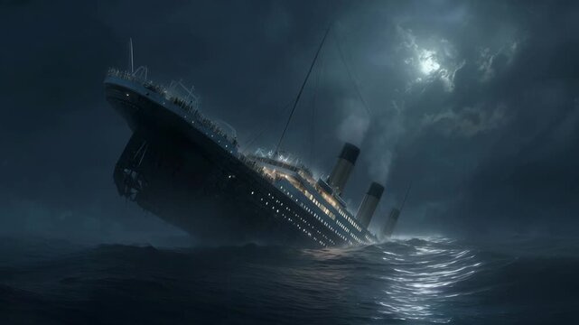 A large ship capsizes in dark waters as strong waves crash against it during night