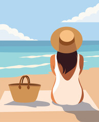Summer vacation. Vector illustration of a woman in a white swimsuit, hat, sitting sunbathing on a beach towel by the sea. Wicker beach bag lies nearby. Perfect for summer, vacation, relaxation themes © AyaLinesDesign