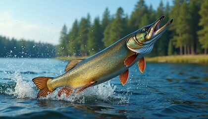 Fototapeta premium Large pike fish leaps from blue water surface. Predator with open mouth jumps above lake. Forest shore in background. Dynamic aquatic nature scene.