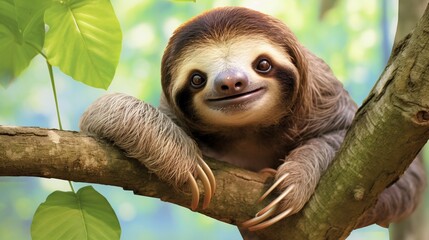 Fototapeta premium Cheerful Sloth Hangs Languidly From a Branch in Lush Tropical Rainforest