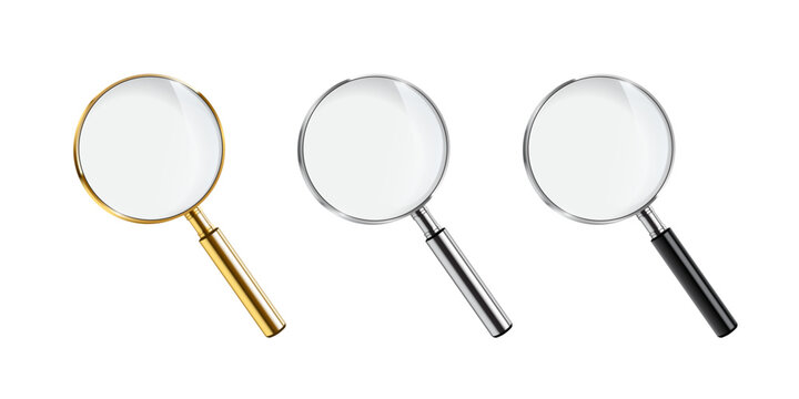 Magnifying glass search tool set. Magnifying glass trio with gold silver black handles and round lenses on light background for searching, zoom, inspection, scientific. Realistic vector illustration.