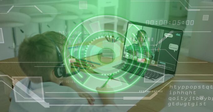 Boy wearing headset drawing at table, laptop education call starting, HUD overlay pulsing timecode