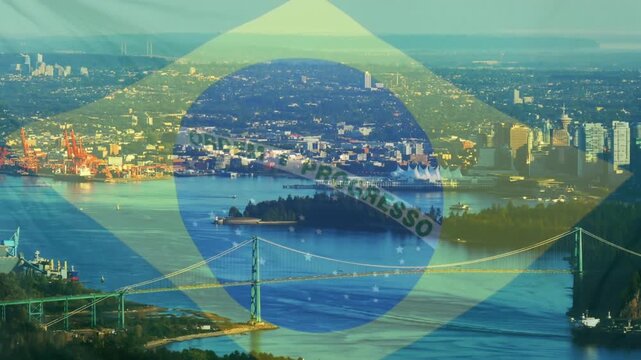 Cargo ship departing, moving beneath bridge, leaving wake as flag overlay sharpening for shipping