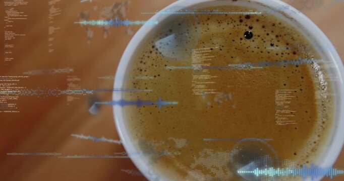 White ceramic mug centering, overlays starting frame two, growing and sliding across crema for tech
