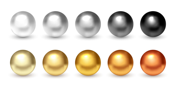 Metal balls. 3D golden silver bronze metallic spheres with reflections and shadows. Set of shiny reflective bead, bullet, pearl, crystal. Realistic vector illustration.