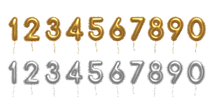 Gold and silver balloon numbers. 3D birthday golden baloon metallic numbers isolated on white. Bright realistic vector design elements for anniversary, celebration, party, sale, promotion.