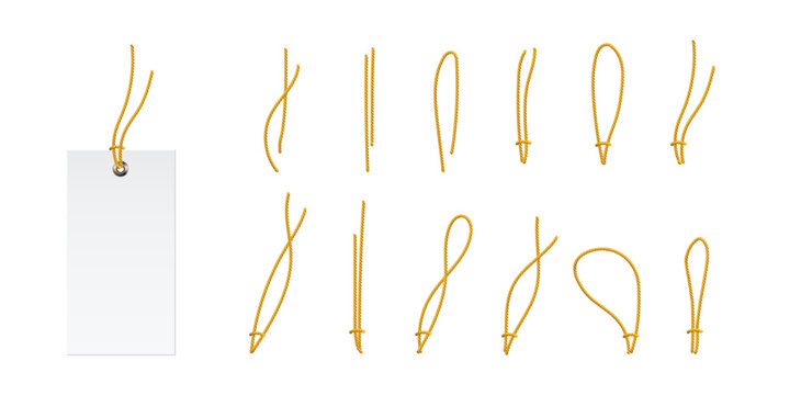 Price tags. Sale labels. Hanging tags. Blank white labels mockups. Paper empty stickers of different shapes with string loops for retail, packaging, gifts, luggage. Realistic vector illustrations set.