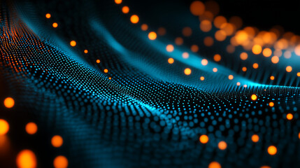Abstract futuristic digital wave with glowing blue and orange particles.