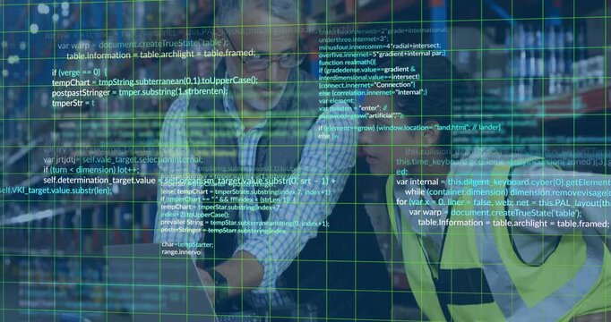 Supervisor typing on laptop, training operator while green code grid overlay appearing in warehouse