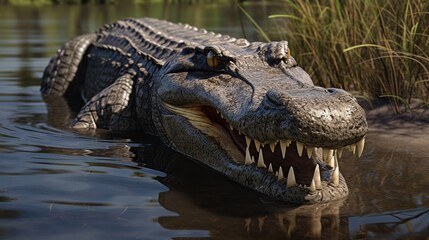 Obraz premium Close-Up Portrait of a Crocodile Head Emerging Boldly from Murky Wetland Water