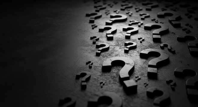 Group of black 3D question marks scattered on a dark textured floor representing uncertainty and mystery
