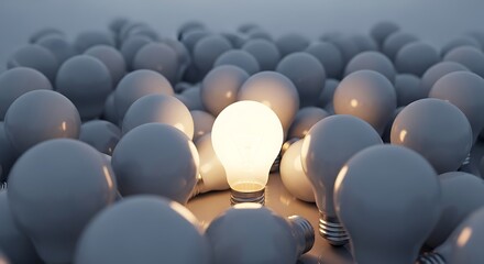 Obraz premium A lit light bulb glows among many unlit ones, symbolizing unique ideas and innovation