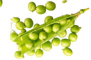 Green fresh peas isolated on white background, macro.