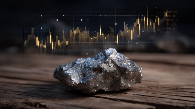 Cinematic close-up of raw silver ore resting on a textured wooden table, metallic surfaces reflecting light, abstract overlay of market and industrial icons subtly visible, linking